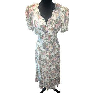 Vintage 90s‎ En Focus Floral V Neck Lace Cottage Core Shoulder Pads Dress medium